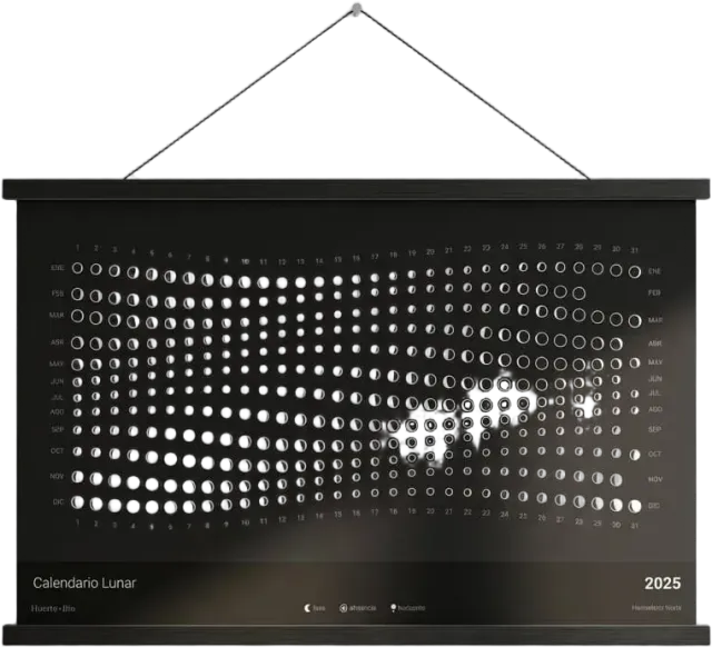 Calendario Lunar 2026 — Marea lunar (horizontal) — Con colgador magnético — A4 (21x29,7cm) — Oscuro